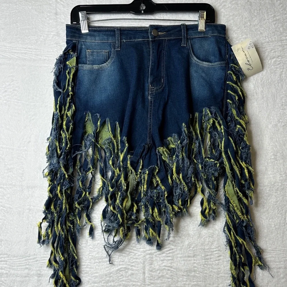 NWT Elocan Luxe Boutique Distressed Denim Fringe Shorts Blue Yellow Festival